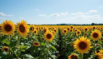 a sunflower field stretching to the horizon under a bright summer sky, with bees buzzing and wind rustling the tall stems. photo