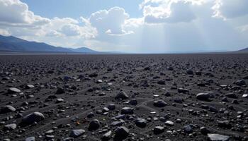 a vast plateau covered in black sand and scattered obsidian shards, where sunlight catches sharp edges like glass. photo