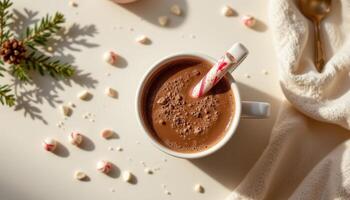 minimalist food photography of hot cocoa with peppermint stick, soft cream background, natural daylight, top down view photo