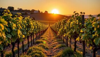 a vineyard at sunset, rows of vines bathed in golden light, and the silhouette of a farmhouse on the hill. photo