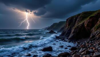 a jagged coastline lit by lightning in a distant storm, waves crashing into the rocks below as the sky pulses with electric fury. photo