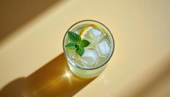 minimalist food photography of a lemonade on a glass, fresh with mint sprigs, soft yellow background, natural daylight photo