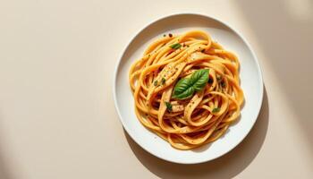 minimalist food photography of pasta on white plate with basil leaves, soft beige background, natural daylight, top down view photo