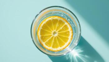 minimalist food photography of a floating citrus slice in a glass of infused water with bubble trails, soft aqua background photo