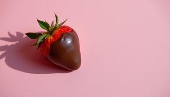 minimalist food photography of a single chocolate dipped strawberry with perfect drip patterns, soft rose background photo