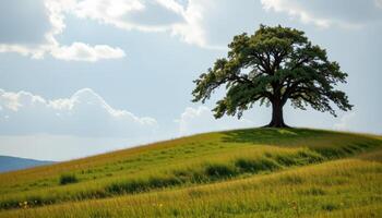 a serene hill covered in tall grass swaying in the wind, with a single ancient oak tree standing proudly at the top. photo
