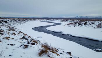 a cold and desolate tundra landscape, with frozen rivers and snow covered rocks beneath an overcast winter sky. photo