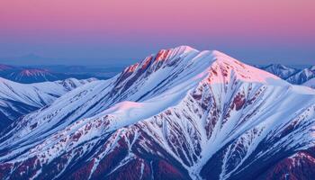 a snow blanketed ridge glowing pink and blue in the early morning light. photo