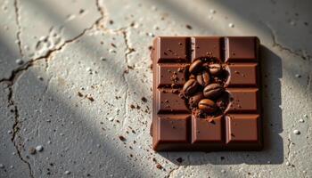 minimalist food photography of a geometric chocolate tile with embedded coffee bean fragments, soft concrete background photo