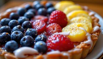 close up of fruit tart with glistening glaze photo