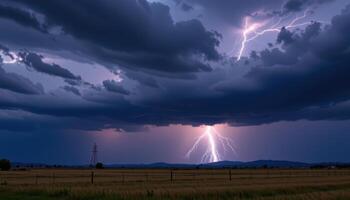 a thunderstorm brews over a wide plain, lightning flashing across the darkened sky. photo
