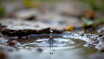 close up of a raindrop falling into a puddle photo