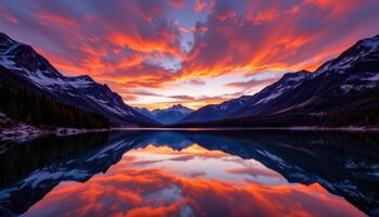 the mirrored surface of a mountain lake captures the fiery colors of twilight perfectly. photo