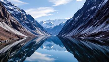 a narrow fjord surrounded by towering snow covered cliffs, with a reflection so still it mirrors the sky perfectly. photo