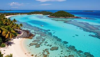 a tropical bay with turquoise water, coral reefs visible from above, and white sand beaches lined with palm trees. photo