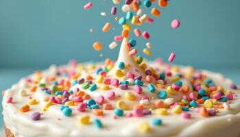 close up of sprinkles falling on icing photo