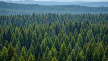a dense pine forest stretches endlessly, with only faint light peeking through the treetops. photo