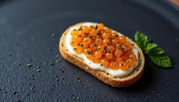 minimalist food photography of caviar on blini, soft black background, natural daylight, top down view photo