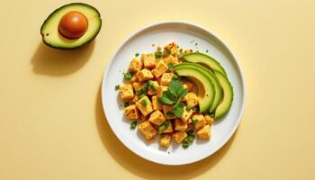 minimalist food photography of tofu scramble on white plate with avocado, soft yellow background, natural daylight, top down view photo