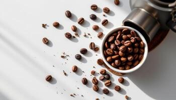 minimalist food photography of specialty coffee beans on white surface, soft black background, natural daylight, top down view photo