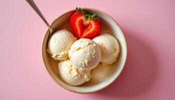 minimalist food photography of dairy free ice cream in bowl, soft pink background, natural daylight, top down view photo