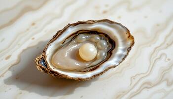 minimalist food photography of a single oyster with pearl like tapioca bubbles, soft mother of pearl background, natural daylight photo