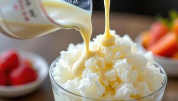 close up of sweetened condensed milk pouring over shaved ice photo