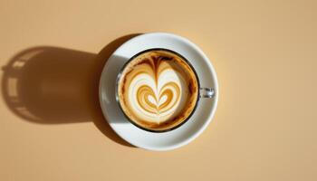 minimalist food photography of iced coffee with milk swirl, soft tan background, natural daylight, top down view photo