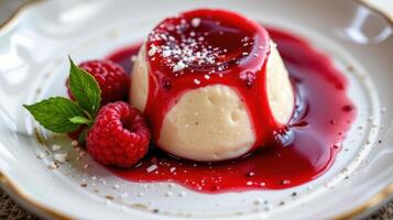 closeup of raspberry coulis on panna cotta photo