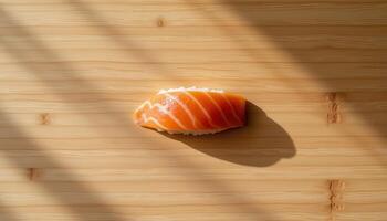 minimalist food photography of a single sushi nigiri with fish slice precisely draped, soft hinoki wood background photo