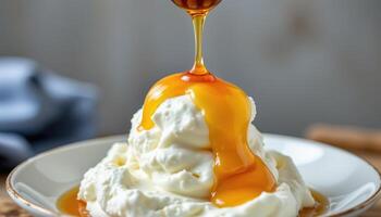 close up of honey drizzling on greek yogurt photo