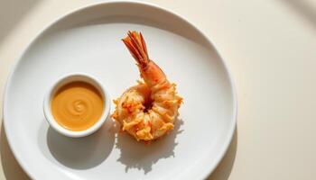 minimalist food photography of a coconut shrimp on a white plate, crispy with dipping sauce, soft cream background photo