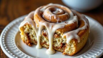 closeup of glazed cinnamon roll with icing photo