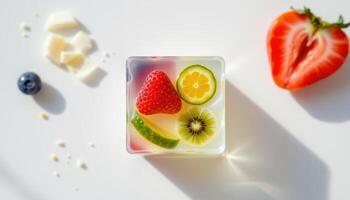 minimalist food photography of a single cube of agar agar with layered fruit patterns, soft laboratory white background photo