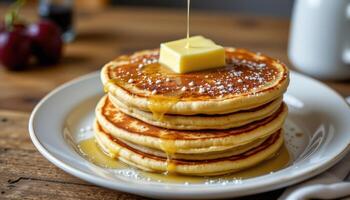 close up of melting butter on a hot pancake stack photo