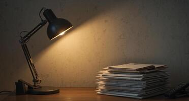 A desk lamp is on a table next to a stack of papers photo