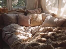 A bed with pillows and blankets in front of a window photo