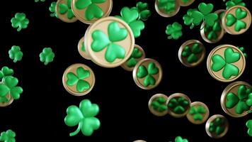 Vibrant green clovers cascade beautifully against transparent backdrop. Alpha channel. 3D animation for St. Patrick Day theme. Success, luck concept. Overlay . video