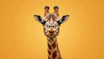 A Graceful giraffe with distinctive spots stands against vibrant background, showcasing its unique features and charm photo