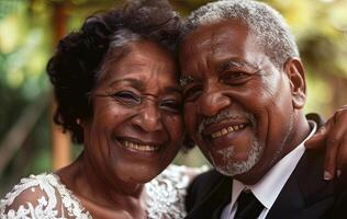 A joyful couple shares a heartwarming moment, radiating love and warmth amidst greenery photo
