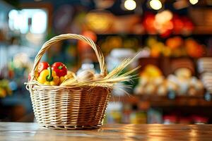 A vibrant basket filled with colorful vegetables and wheat captures the essence of freshness photo