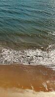 Waves Gently Reaching Sandy Beach. Close-up view of small waves lapping at the sandy shoreline, with shimmering water under bright sunlight creating a serene video