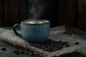 scattered coffee beans on the table and covered in burlap fabric photo
