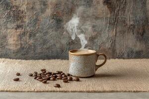 cup of coffee with smoke rising from it, surrounded by scattered brown coffee beans on the table in front of a wooden background, on a burlap fabric photo