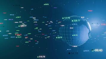 3D Animation of Stock Market Price Floating Around Spinning Digital Earth Globe, seamless loop video