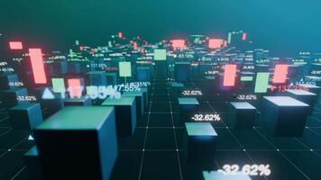 Financial Data Blocks Rising and Falling with Dynamic Market Percentages in 3D Grid Animation, seamless loop video