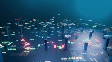 3D Animation of Tall Candlestick Bars and Glowing Stock Market Data Percentages on Digital Grid Floor, seamless loop video