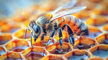 Close-up of a honeybee perched on a honeycomb, showcasing intricate details of its body and wings, highlighting the importance of pollinators in nature's ecosystem photo