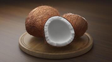 Looping animation around a composition of hairy coconuts lying on a wooden board. Loop motion. Defocus. video