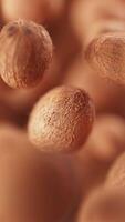 Animation of a group of coconuts. Many coconuts slowly rotate in the background in space. Vertical composition. Defocus. Close-up. video